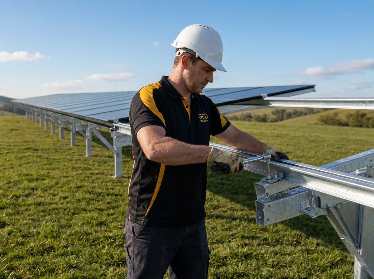 Equipo GEU Energy instalando estructura monoposte